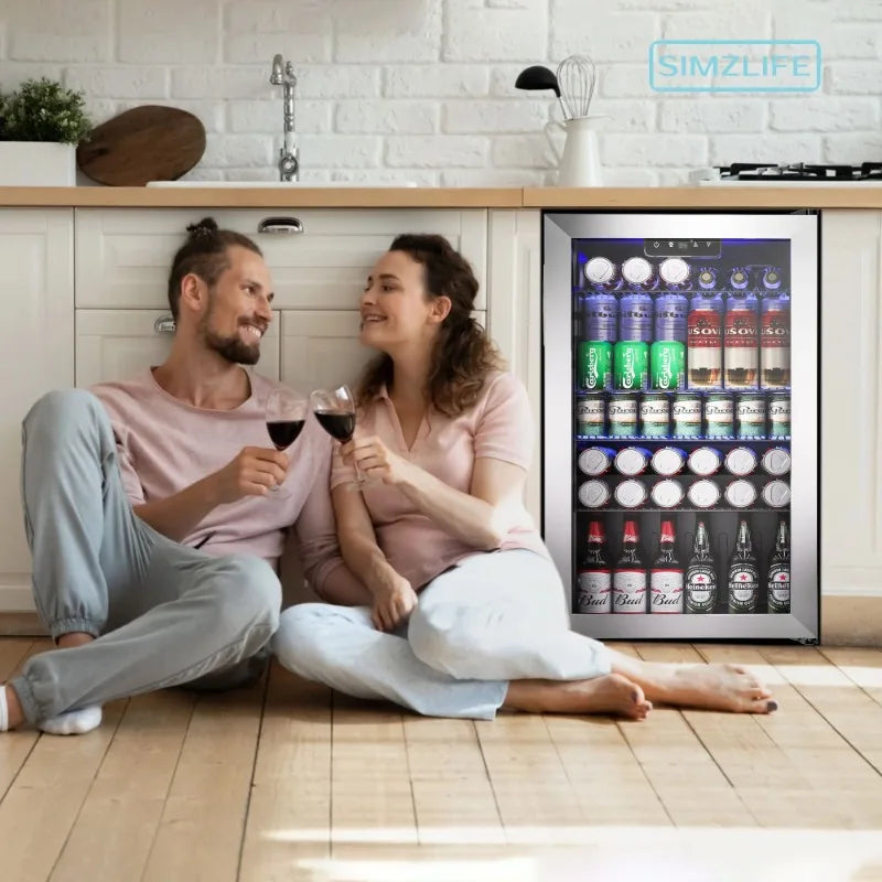 Simzlife 130 Can Beverage Refrigerator and Cooler with Glass Door for Home, 17.3 in D, 31.3 in H, Silver