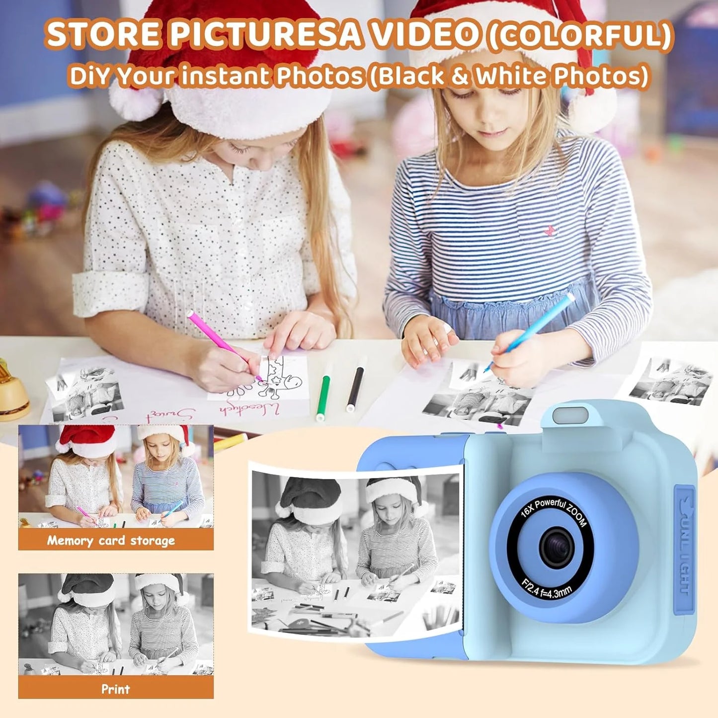 Kids Camera Instant Print Gifts Toys 1080P HD Dual-Lens Selfie Digital Camera with 5 Rolls Print Paper Stickers Pens & 32G Card