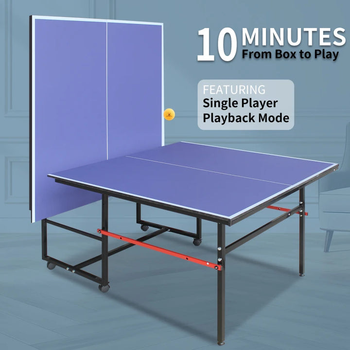 8ft Mid-Size Table Tennis Table Foldable & Portable Ping Pong Table Set for Indoor Games with Net, 2 Table Tennis Paddles and 3