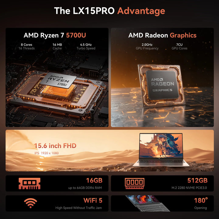 KAMRUI 15.6" FHD Laptop AMD Ryzen7 5700U Up to 4.3GHz 16GB DDR4 512GB NVMe PCIe3.0 SSD WIFI6 Radeon Graphics for Gaming Computer