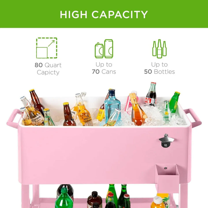 80-Quart Outdoor Steel Rolling Cooler Cart w/Ice Chest, Bottle Opener, Catch Tray, Drain Plug, Locking Wheels