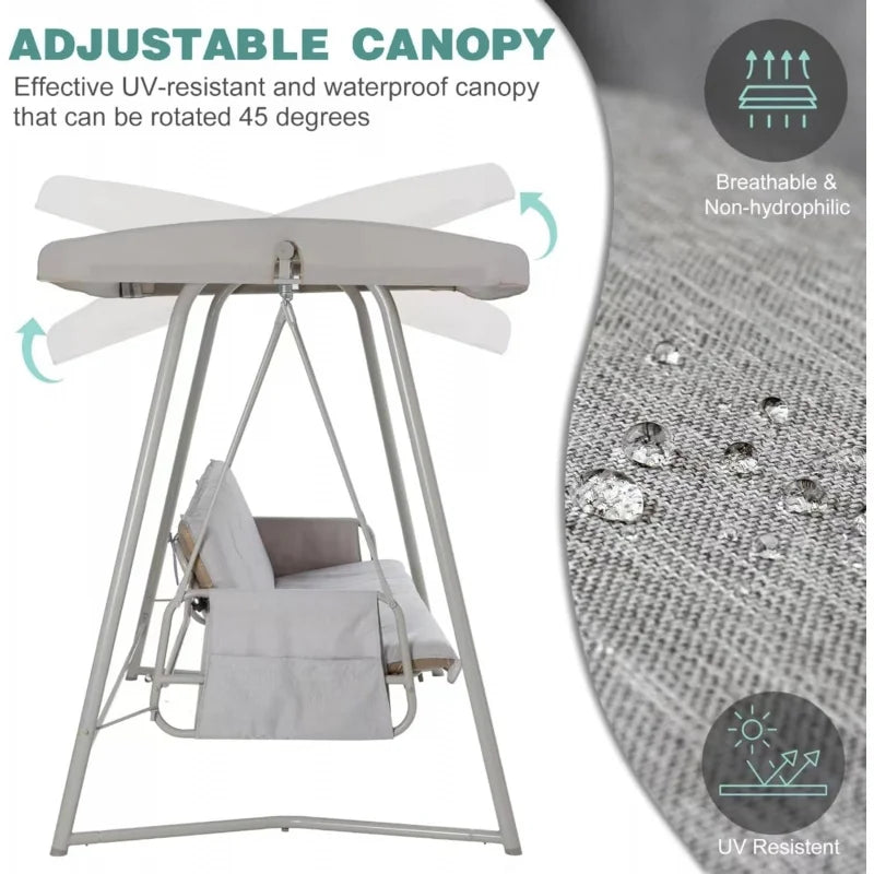 2026 New：3 to 4 Person Outdoor Patio Swing with Canopy 2-in-1 Swing Bed Adjustable Backrest 800 lbs Capacity Porch Swing with St