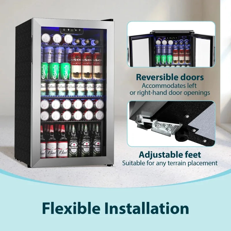 Simzlife 130 Can Beverage Refrigerator and Cooler with Glass Door for Home, 17.3 in D, 31.3 in H, Silver