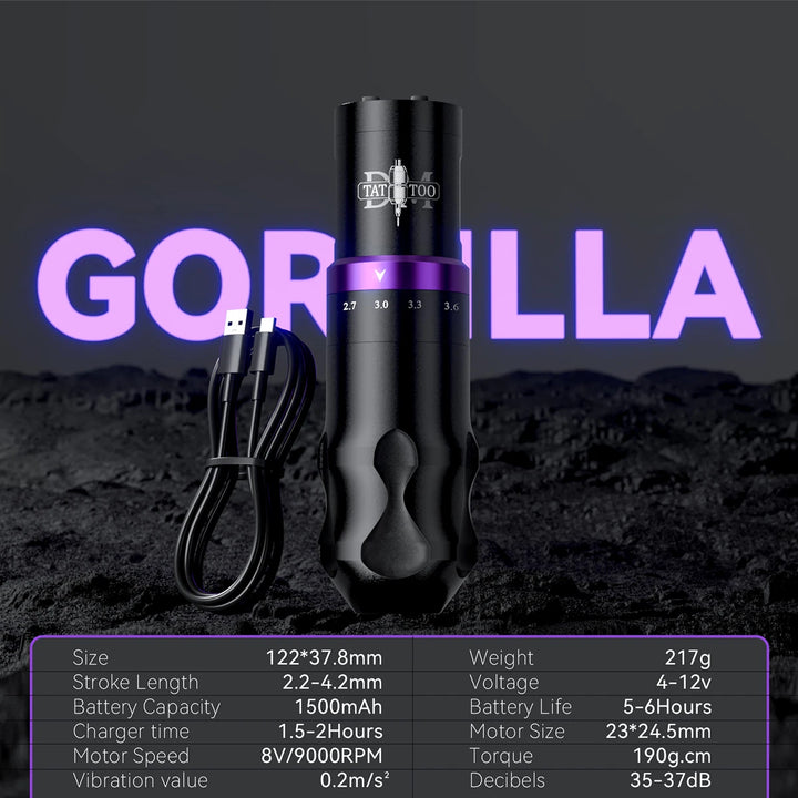 DM Gorilla Wireless Tattoo Kit Adjustable Stroke Tattoo Machine 1500mAh Powerful Customized Low Noise Motor For Permanent Makeup