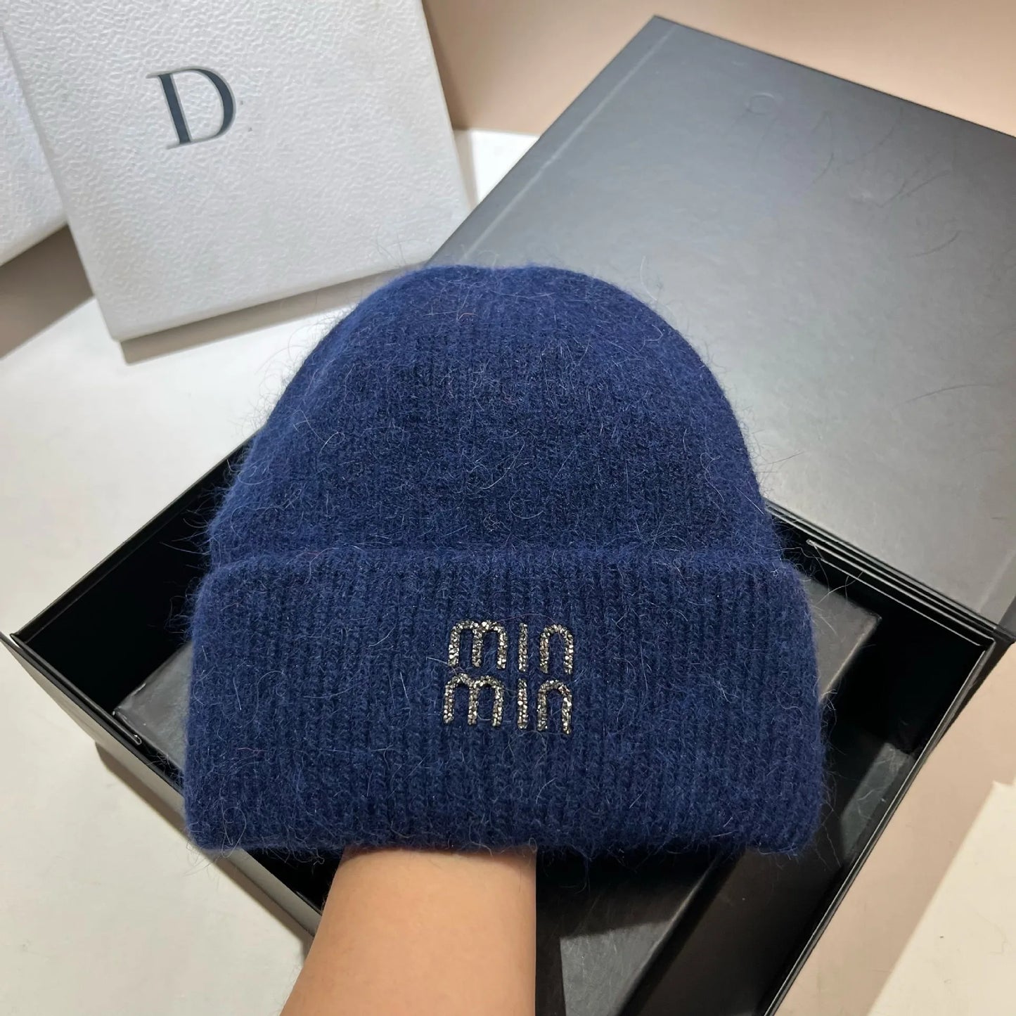 Luxury Rhinestones Fashion Women Winter Hats Real Rabbit Fur Wool Skullies Beanies Knitted Hat Lady Warm Walking Bonnet Cap  Pr