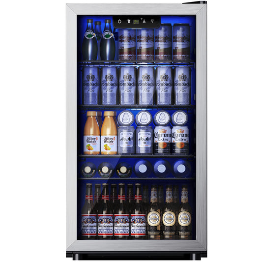 Simzlife 130 Can Beverage Refrigerator and Cooler with Glass Door for Home, 17.3 in D, 31.3 in H, Silver