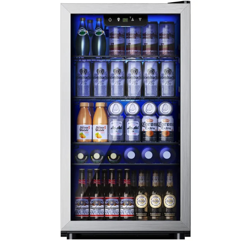 Simzlife 130 Can Beverage Refrigerator and Cooler with Glass Door for Home, 17.3 in D, 31.3 in H, Silver