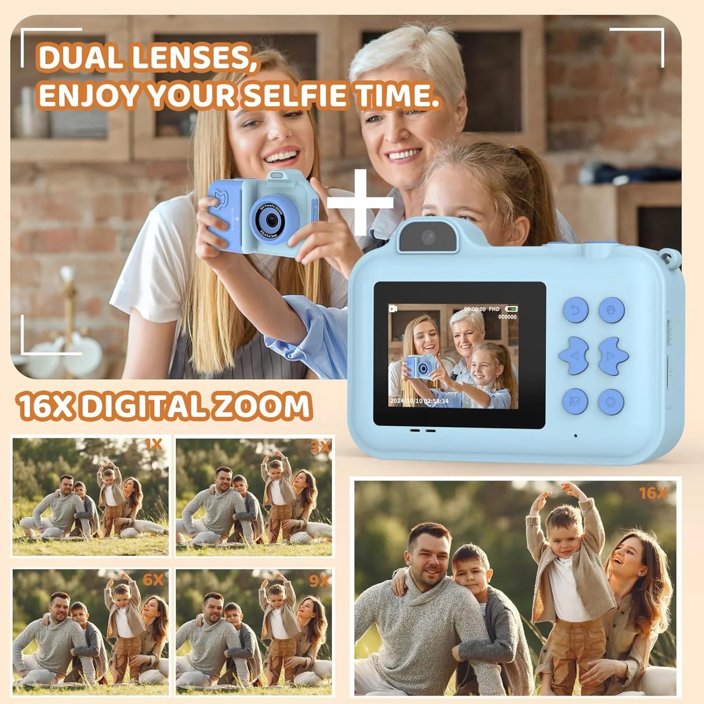 Kids Camera Instant Print Gifts Toys 1080P HD Dual-Lens Selfie Digital Camera with 5 Rolls Print Paper Stickers Pens & 32G Card