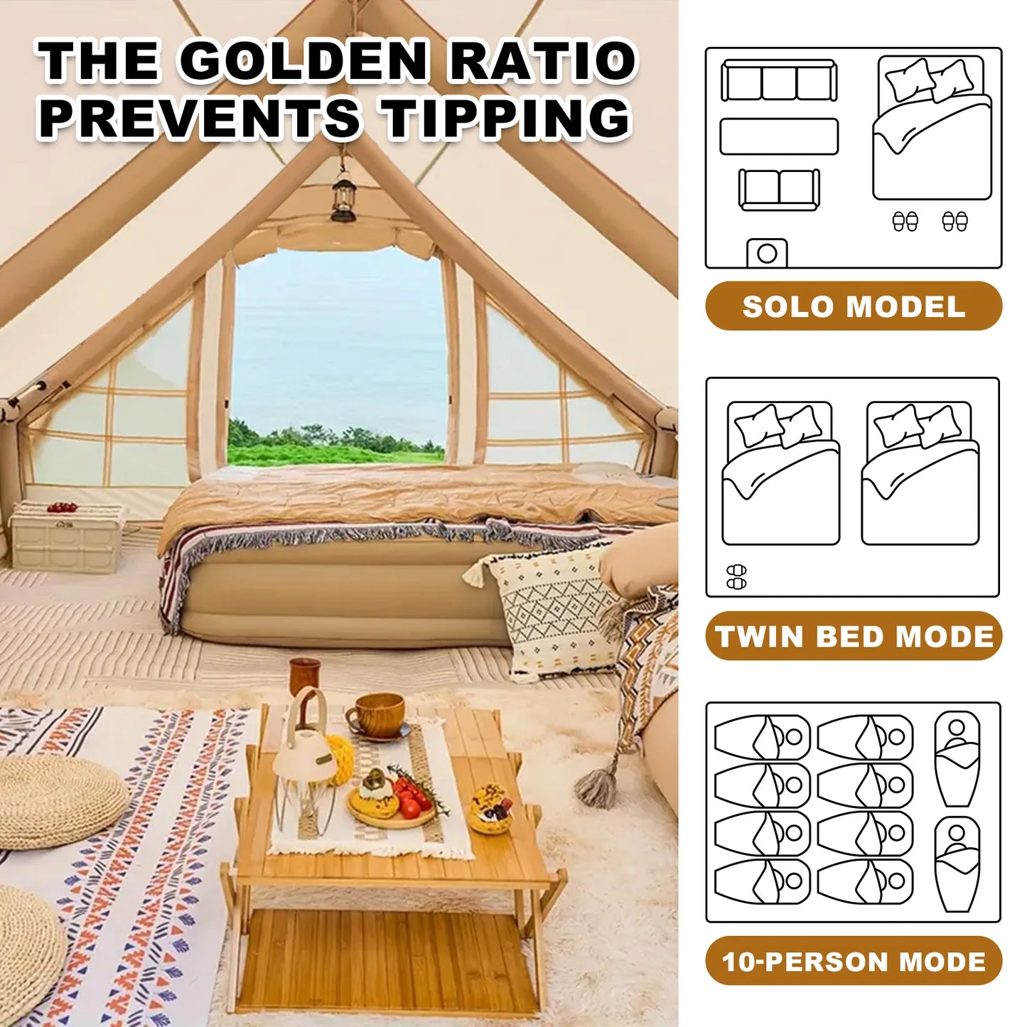 13' x 10' Inflatable Camping Tent for 8-10 Person,4 Season Blow up Tents Waterproof, Air Tent with Chimney Hole AC Port