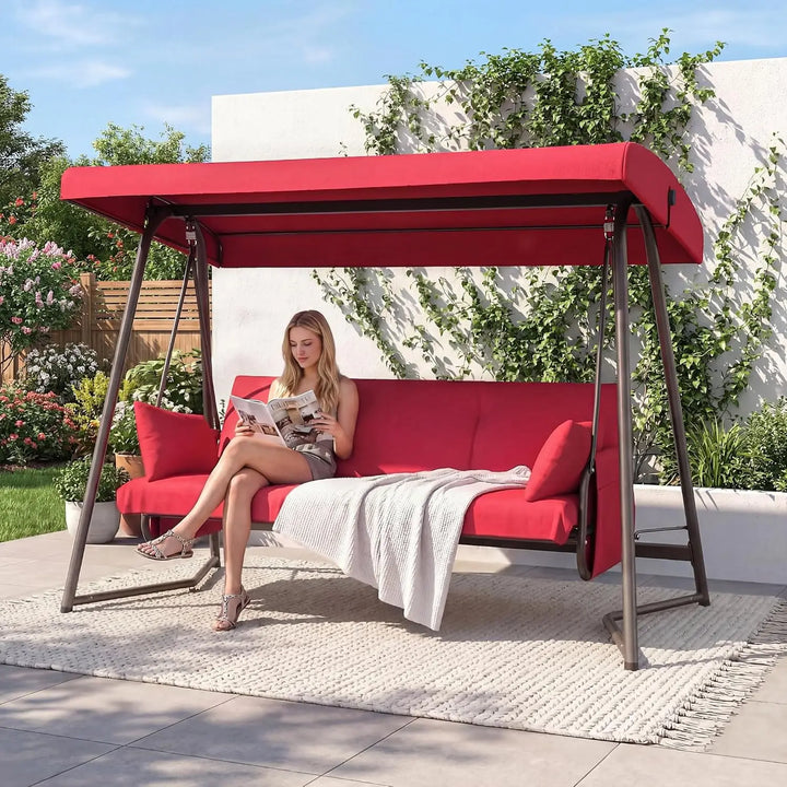 2026 New：3 to 4 Person Outdoor Patio Swing with Canopy 2-in-1 Swing Bed Adjustable Backrest 800 lbs Capacity Porch Swing with St