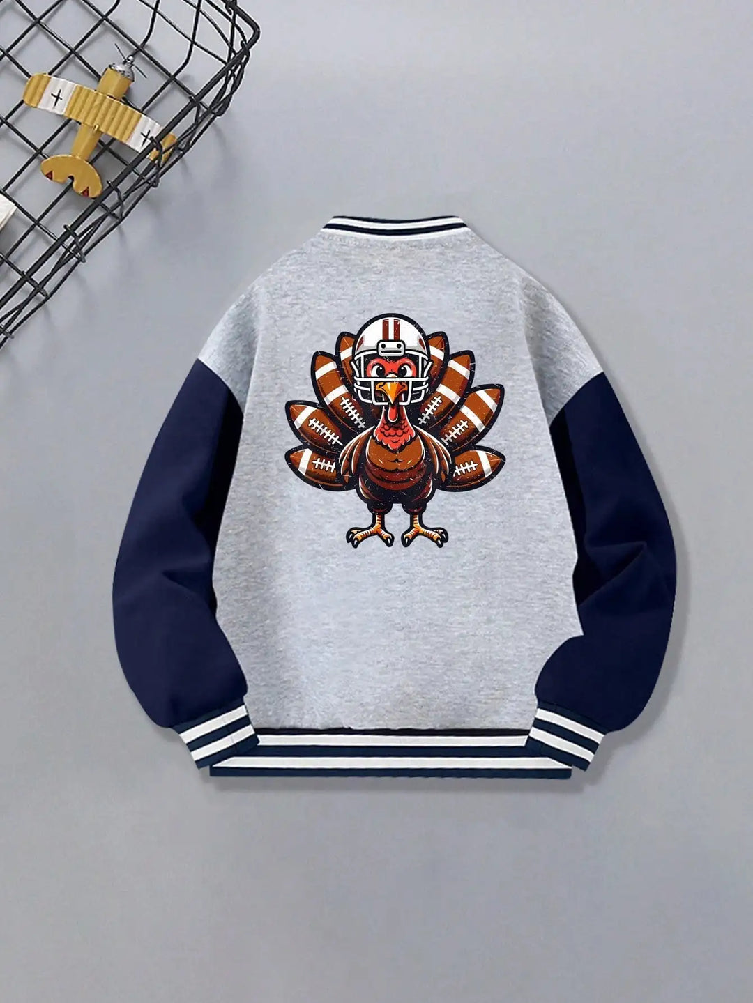 Children's baseball jersey, Thanksgiving football chick with pocket, holiday party, back print. The child's gift