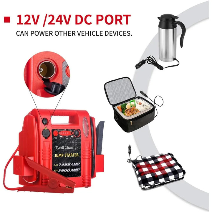 12V/24V Jump Starter,2800/1400 Peak Amp,Truck Battery Booster Pack, and Pure Copper Jumper Cables,Heavy Duty Jump Box Includes D