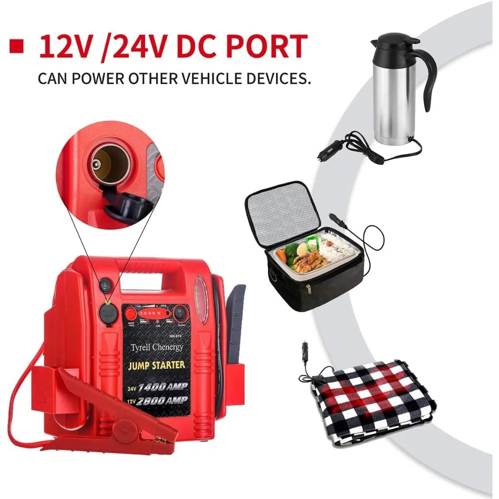 12V/24V Jump Starter,2800/1400 Peak Amp,Truck Battery Booster Pack, and Pure Copper Jumper Cables,Heavy Duty Jump Box Includes D