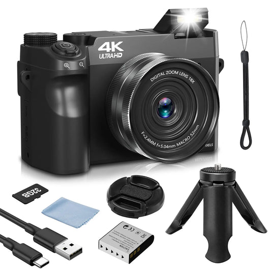 4K Digital Camera - 75MP Front & Rear with Autofocus & Anti-Shake, 3'' Selfie Vlogging Camera, Ultra Bright Flash, 18X Zoom