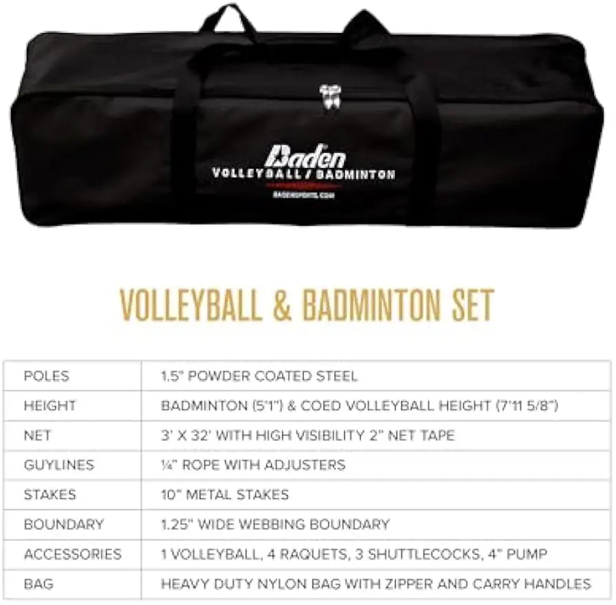 Portable Volleyball & Badminton Combo Set with 4 Racquets, Net, Ball, Pump & Carry Bag for Outdoor Fun