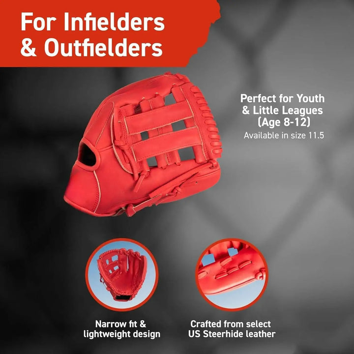 Baseball Glove for Youth & Little Leagues, Age 8-12, Infield & Outfield, 11.5", H-Web, Easy Break-in, Narrow Fit & Lightweight