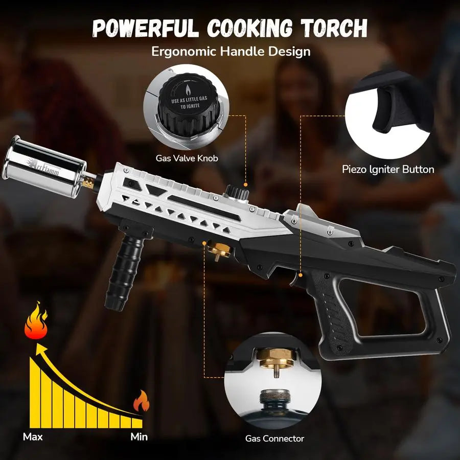Powerful cooking torch with ergonomic handle design and adjustable grill torch gun features for BBQ and camping.