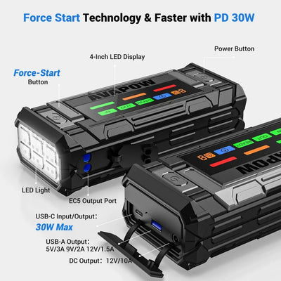 AVAPOW 8000A Battery Jumper Starter Portable with 4″ HD Display PD 30W Dual-Way Fast Charging, 12V Car Starter Jump Box & Batter