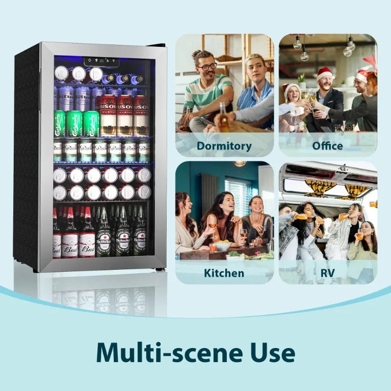 Simzlife 130 Can Beverage Refrigerator and Cooler with Glass Door for Home, 17.3 in D, 31.3 in H, Silver