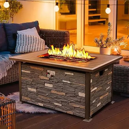 48 INCH Propane Fire Pit Outdoor Fire Table w/Faux Ledgestone Base, 50,000 BTU Gas Fire Pit Table w/Aluminum Table Top, Waterpr