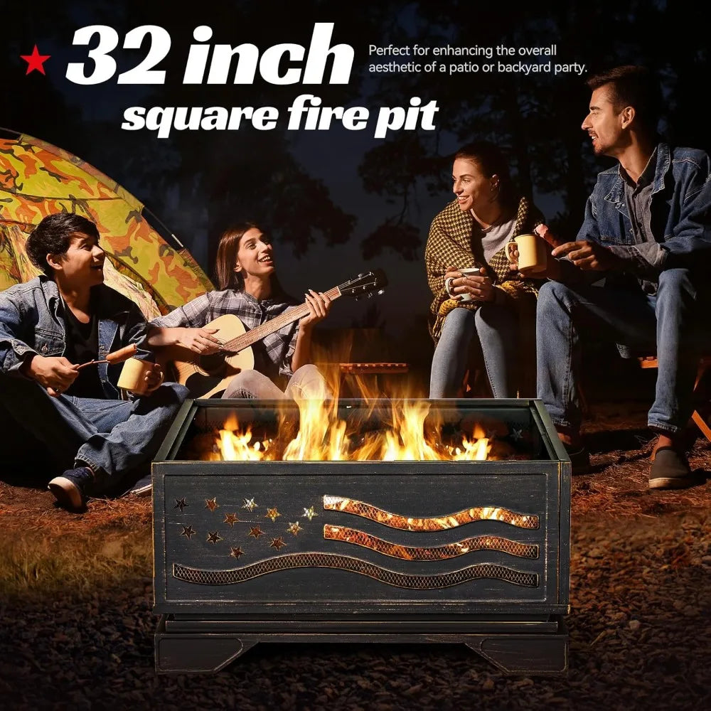 32 Inch Square-Shaped Fire Pit, Outdoor Fire Pits with Spark Screen & Poker, Metal Square Wood Burning Firepits for Outside, Bac