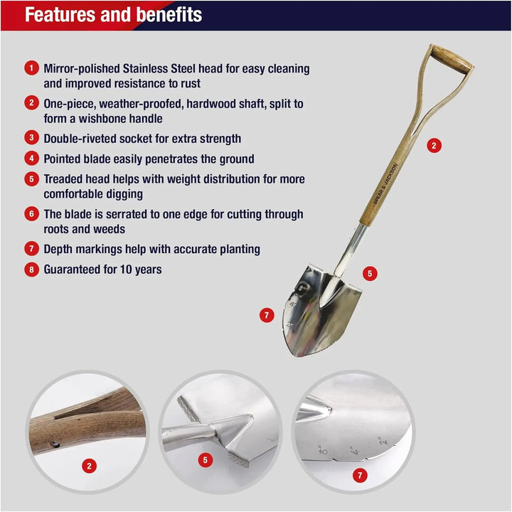 Stainless Steel Planting Spade, Heavy Duty, Durable Blade & Wooden Handle for Digging, Planting & Soil Prep