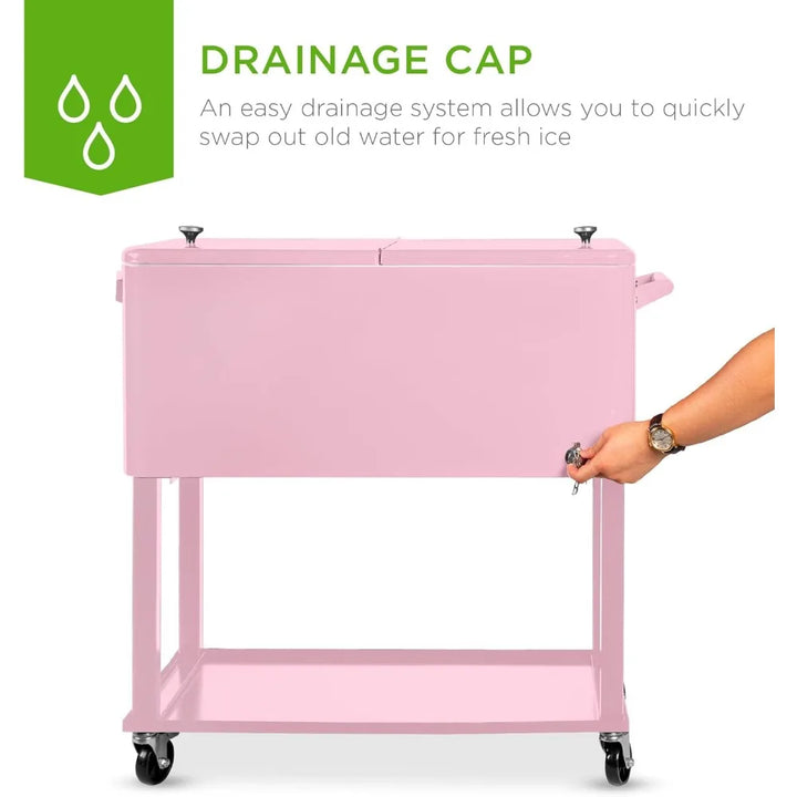 80-Quart Outdoor Steel Rolling Cooler Cart w/Ice Chest, Bottle Opener, Catch Tray, Drain Plug, Locking Wheels