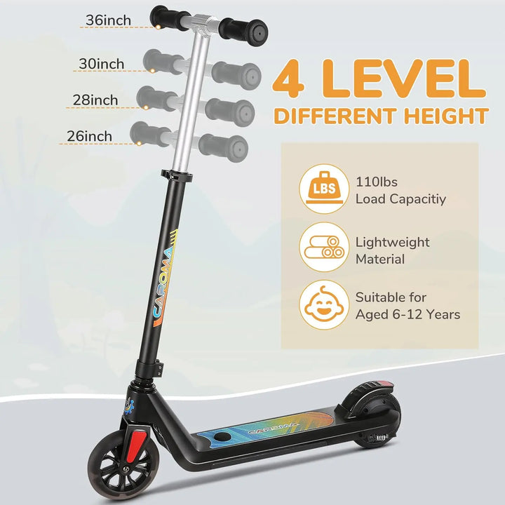 CAROMA Electric Scooter for Kids Ages 6-14,120W Motor,Colorful Light,Adjustable Height&Speed,Foldable scooter,UL 1 Year Warranty