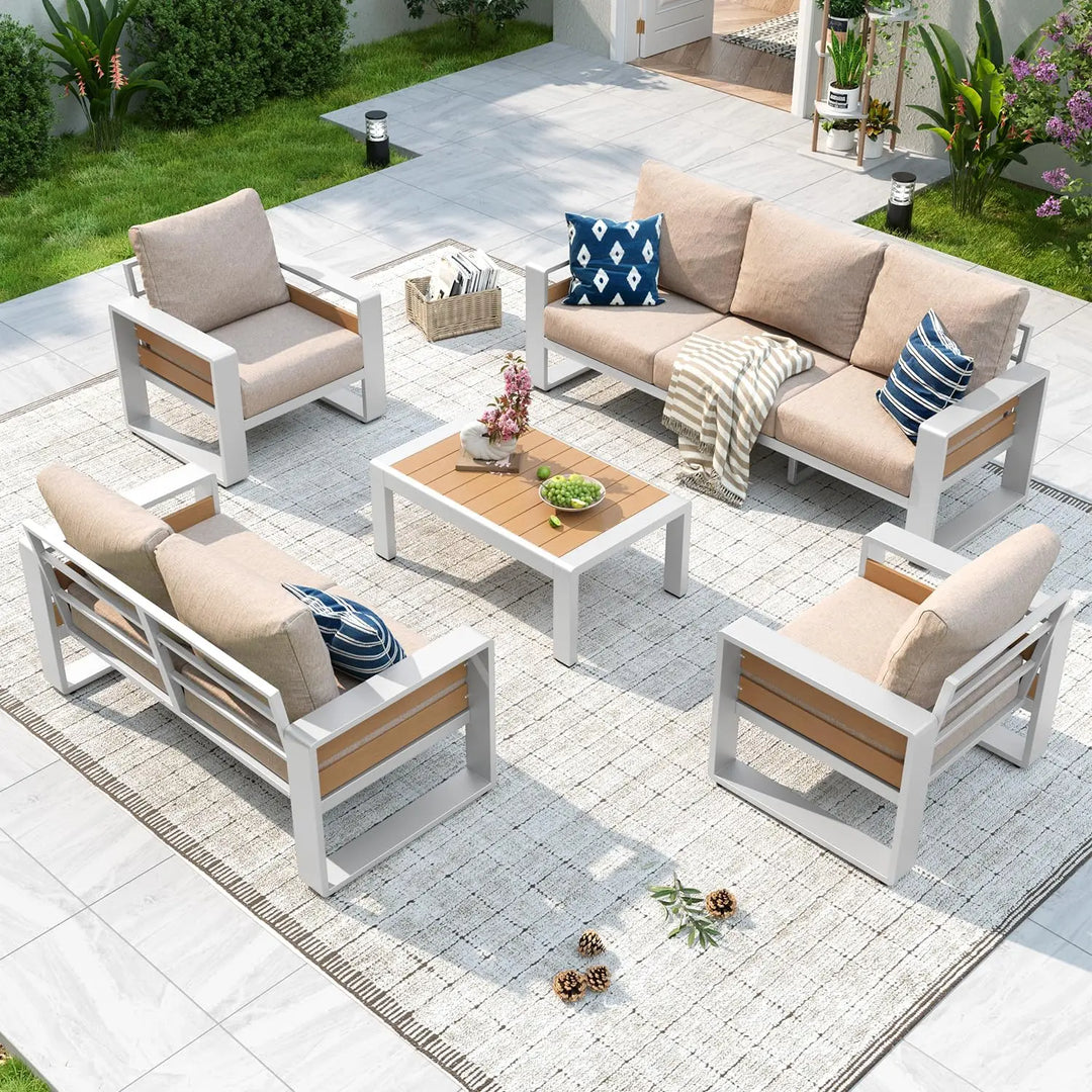 Aluminum Patio Furniture Set, 5 Piece Luxury Outdoor Sectional with 6" Olefin Fabric Cushions, Patio Conversation, Customized