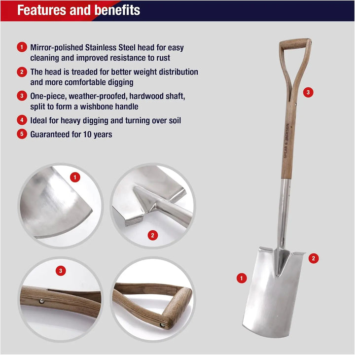 Treaded Stainless Steel Digging Spade, Ash Wood Handle Traditional Garden Tool for Efficient Soil Digging