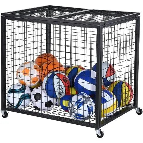 Lockable Rolling Sports Ball Storage Cart - Double Lid Storage Rack for Basketball, Gym, Garage & Outdoor Equipment Organizer