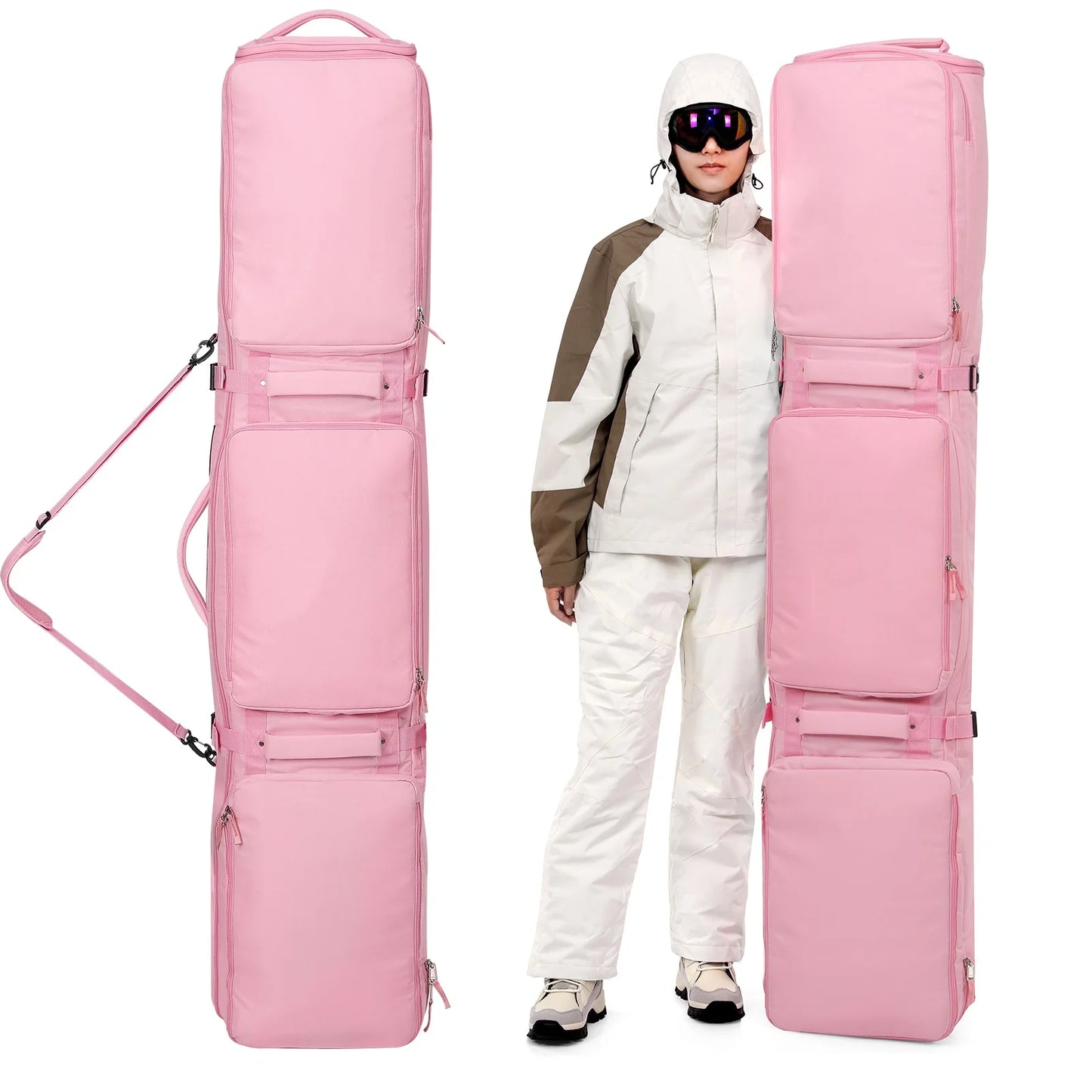 Pink/Black Skiing Bag with Rolling Wheel Padded Polyester Waterproof Portable Board Bag 3 Separation Storage Winter Snow Travels