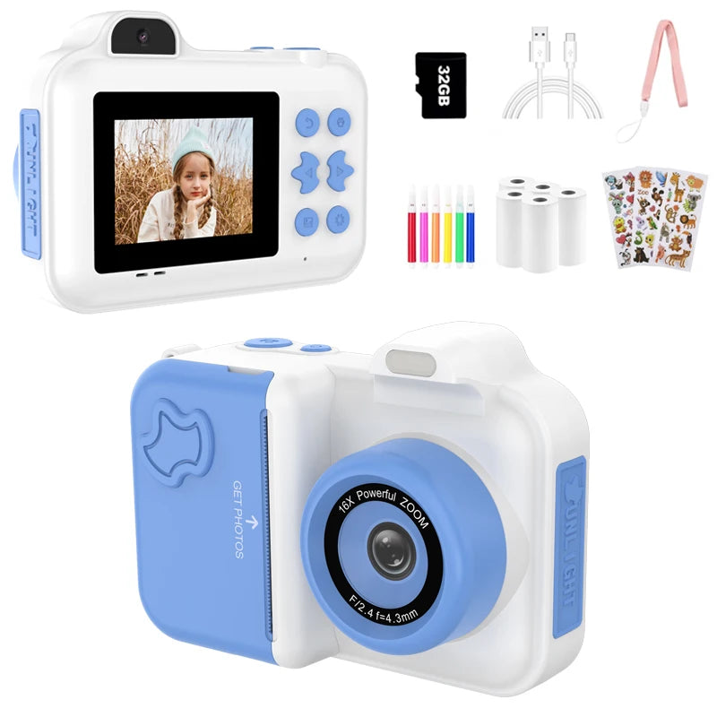 Kids Camera Instant Print Gifts Toys 1080P HD Dual-Lens Selfie Digital Camera with 5 Rolls Print Paper Stickers Pens & 32G Card