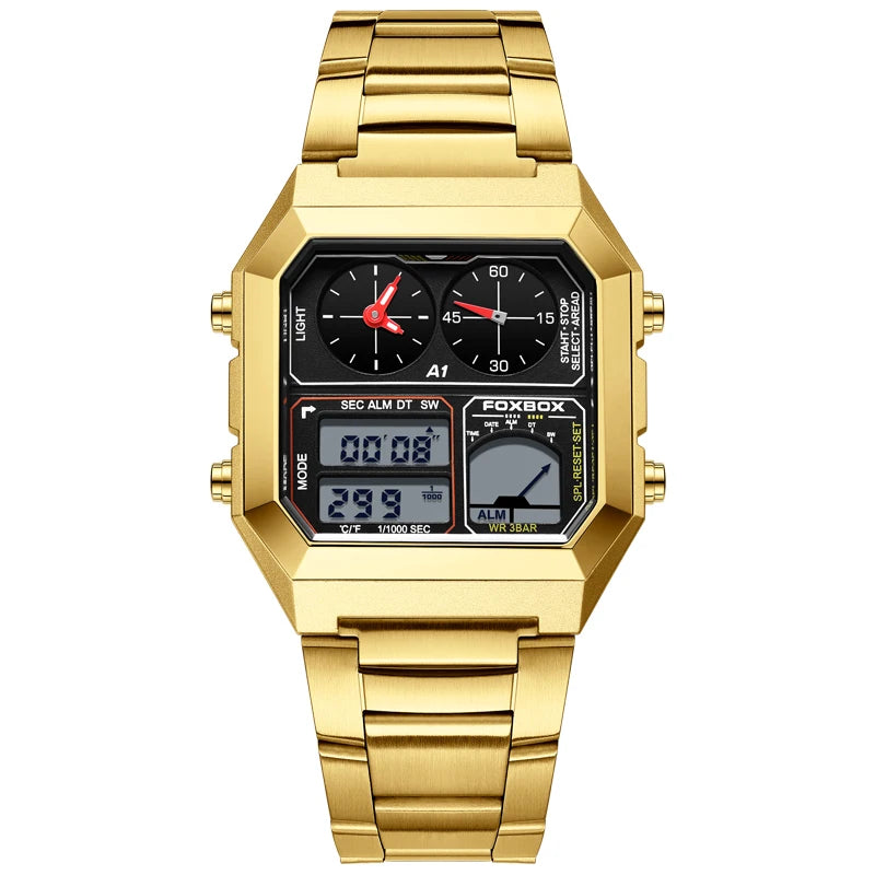 FOXBOX Men's Electronic Watch Fashion Calendar Luminous Waterproof Stainless Steel Strap Alarm Clock Sports Digital Watches+Box