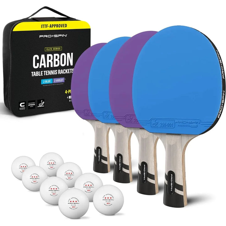 PRO-SPIN Ping Pong Paddles Set of 4 – ITTF Approved Carbon Table Tennis Rackets and Balls Professional Quality