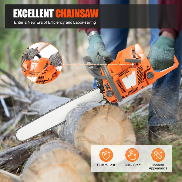 24 Inch Gas Chainsaw, 72CC 3900W 2-Stroke Handheld Cordless, Orange Chainsaw for Wood Cutting
