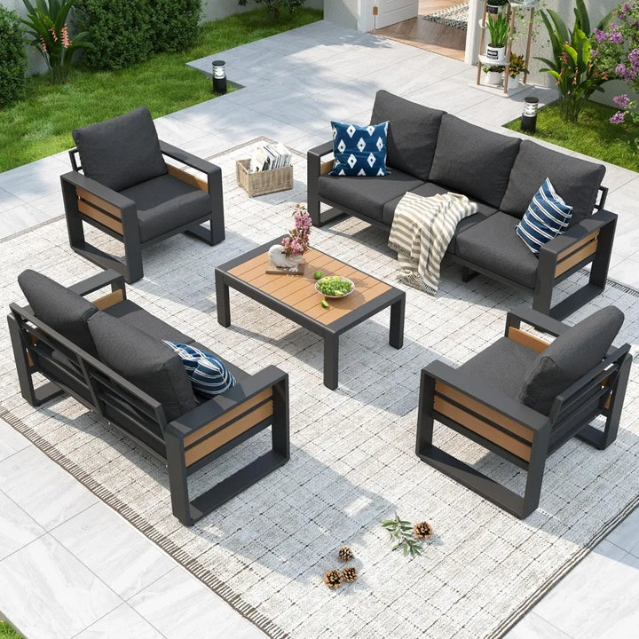 Aluminum Patio Furniture Set, 5 Piece Luxury Outdoor Sectional with 6" Olefin Fabric Cushions, Patio Conversation, Customized
