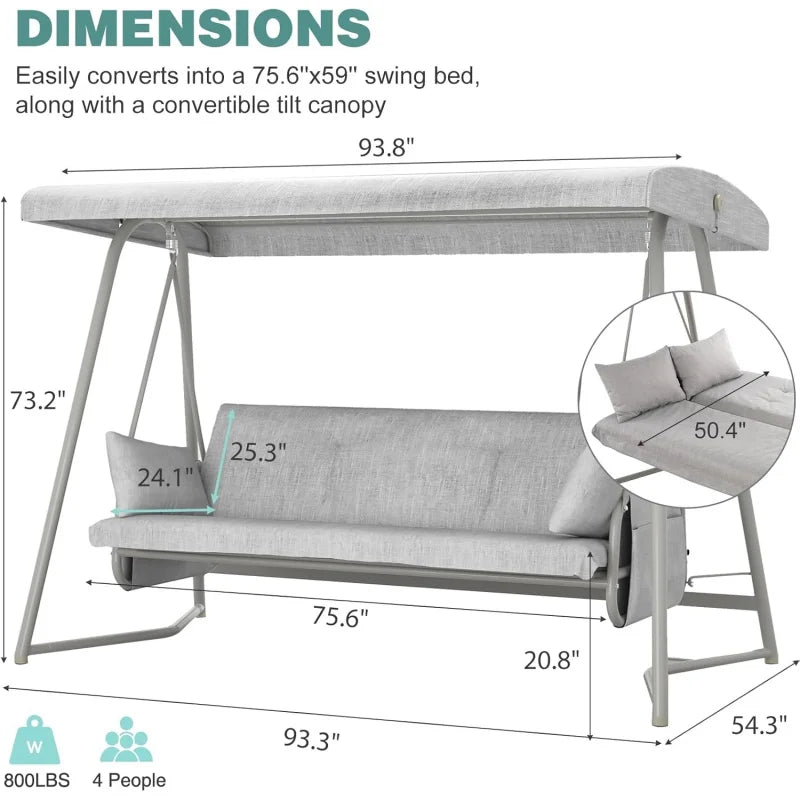 2026 New：3 to 4 Person Outdoor Patio Swing with Canopy 2-in-1 Swing Bed Adjustable Backrest 800 lbs Capacity Porch Swing with St