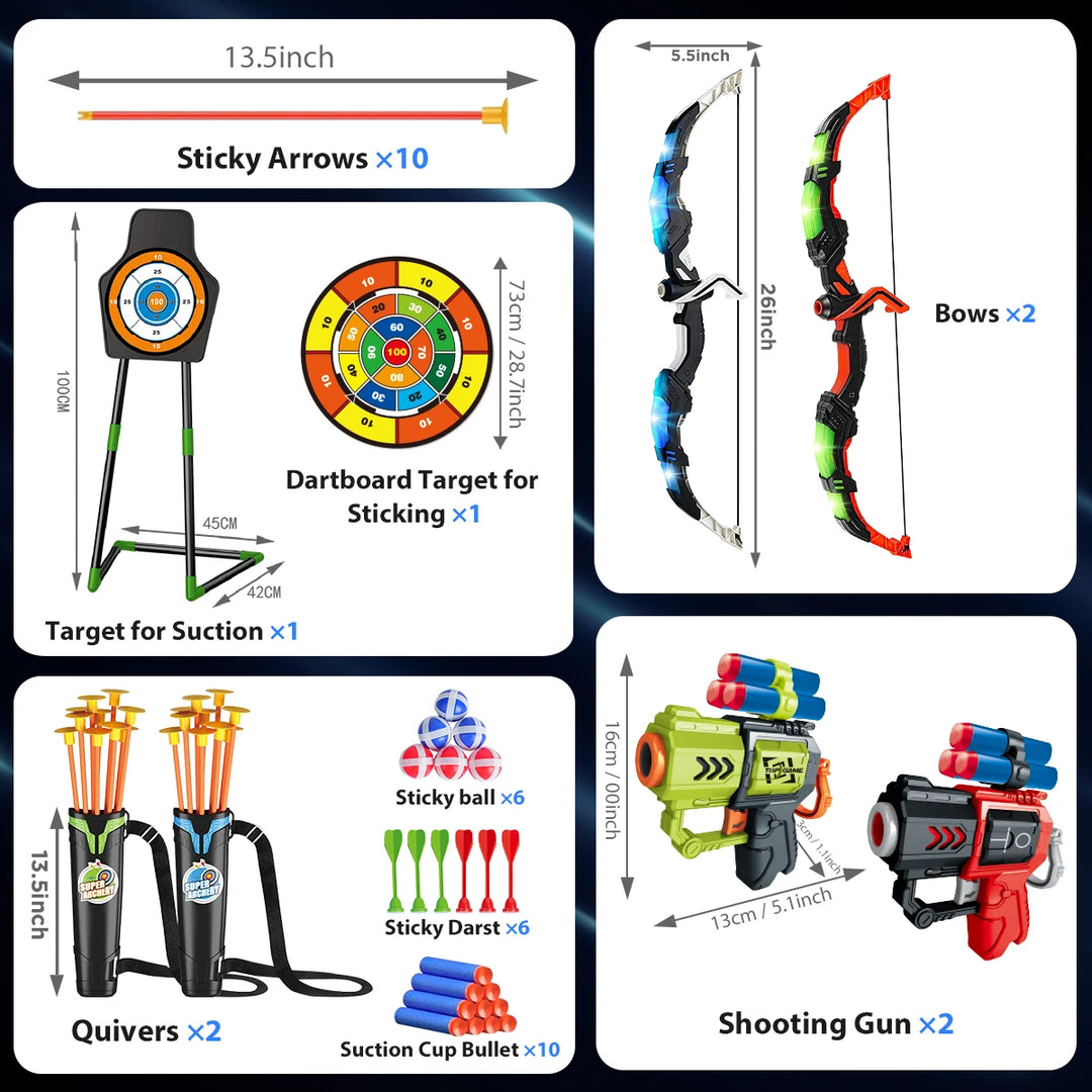 VATOS 2X Bow Arrow + Guns Toy For Kids Night-Light Archery Stand Target Board Indoor Outdoor Game Toys Boys Girls Christmas Gift