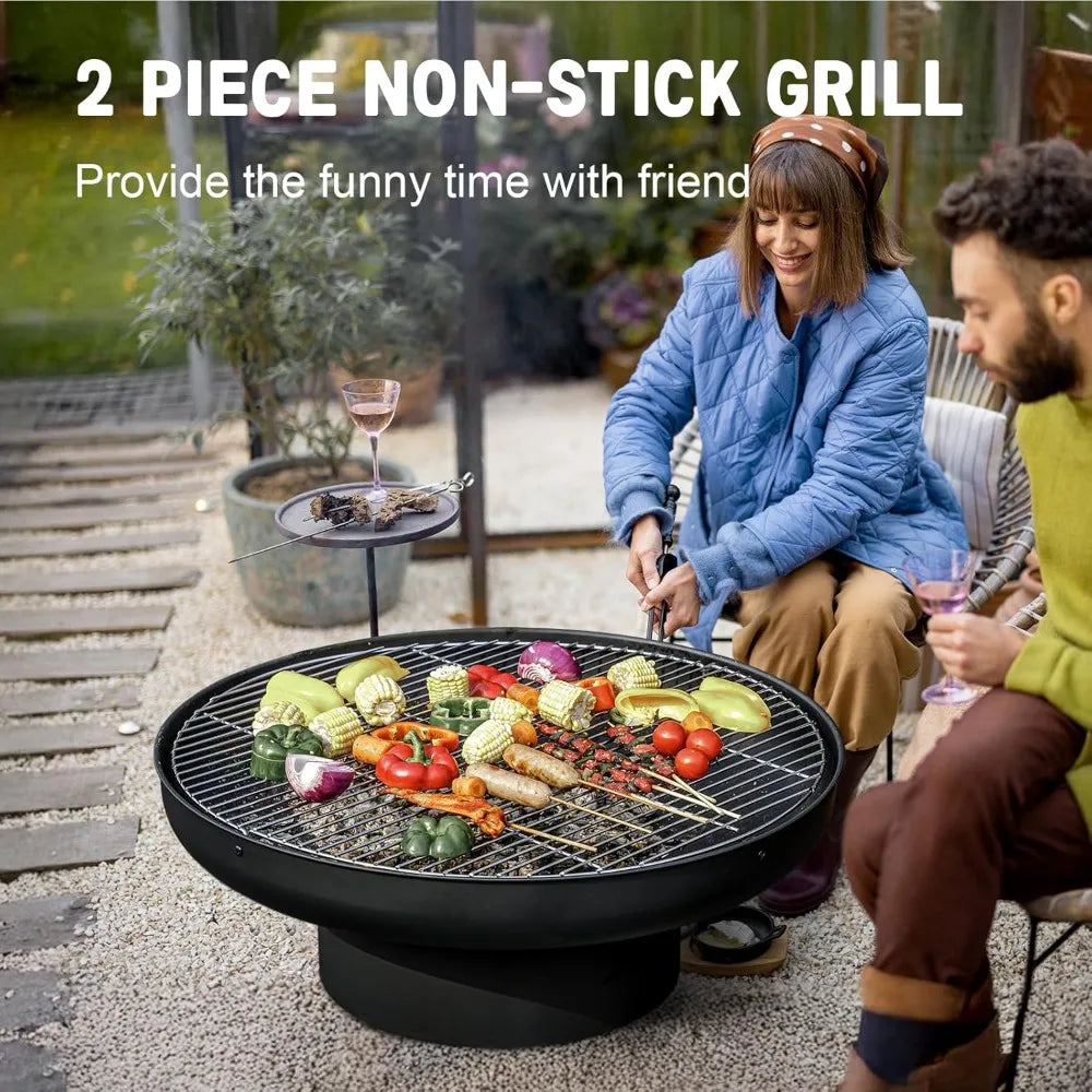32in Fire Pit Table with Lid,Heavy Duty and Deep Fire Bowl,Outdoor Wood Burning BBQ Grill Firepit Bowl with Cover Lid, Fire Pit