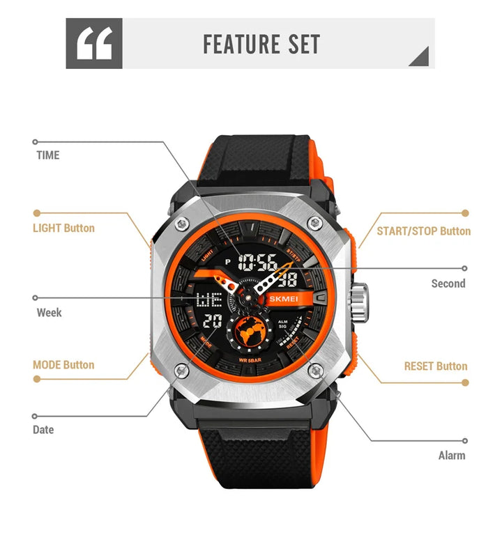 SKMEI 3 Time LED Light Digital Sport Mens Watch Multifunctional Countdown Wristwatches 5Bar Waterproof Date Alarm reloj hombre