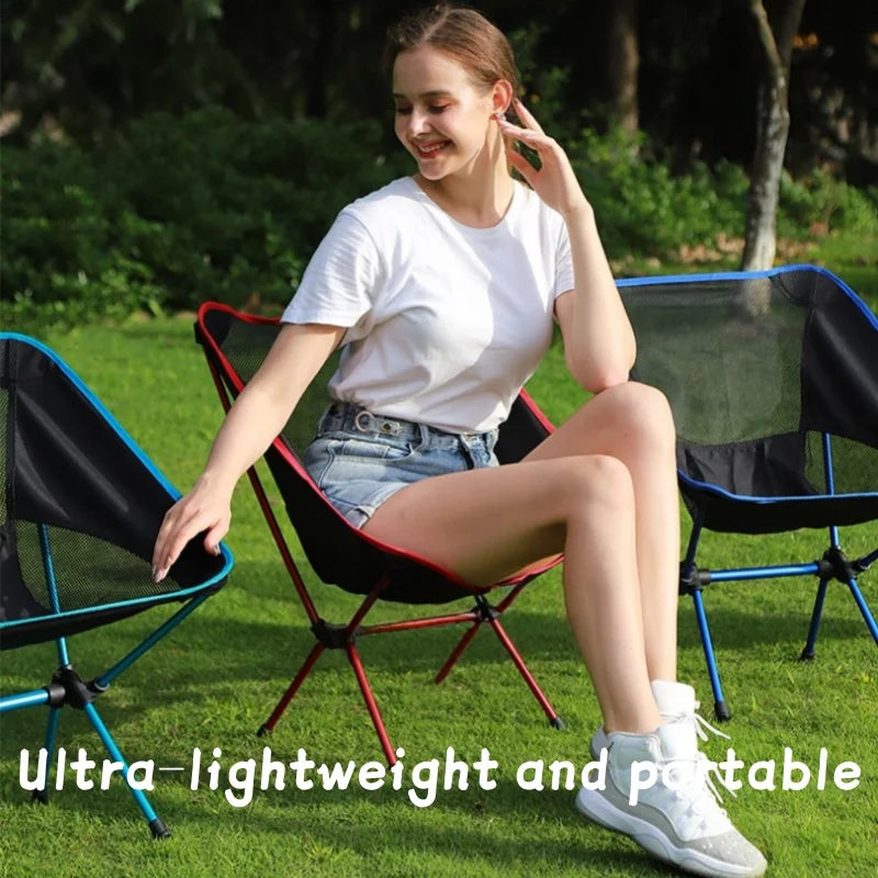 Portable, lightweight and foldable camping chairs, equipped with side pockets for carrying bags, are perfect for hiking, beach