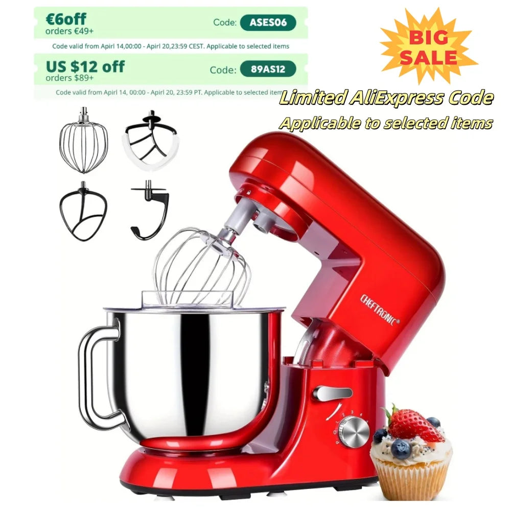 1pc CHEFTRONIC Stand Mixer, 7 Qt Tilt-Head Electric Household Stand Mixer - 650W 6-P Speed, US Plug, Frother for milk