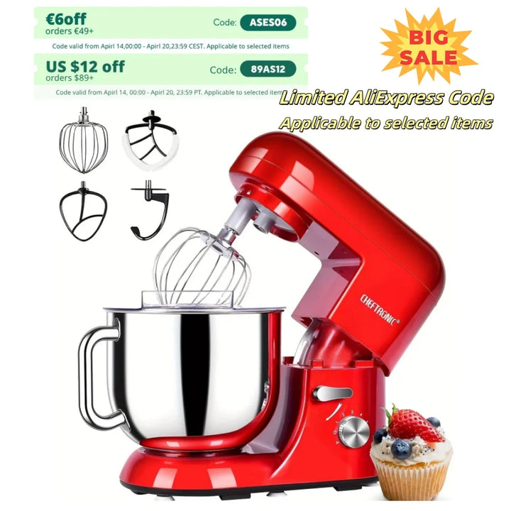 1pc CHEFTRONIC Stand Mixer, 7 Qt Tilt-Head Electric Household Stand Mixer - 650W 6-P Speed, US Plug, Frother for milk