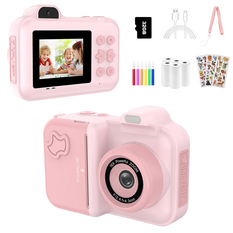 Kids Camera Instant Print Gifts Toys 1080P HD Dual-Lens Selfie Digital Camera with 5 Rolls Print Paper Stickers Pens & 32G Card