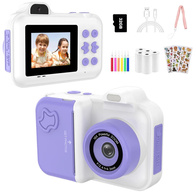 Kids Camera Instant Print Gifts Toys 1080P HD Dual-Lens Selfie Digital Camera with 5 Rolls Print Paper Stickers Pens & 32G Card