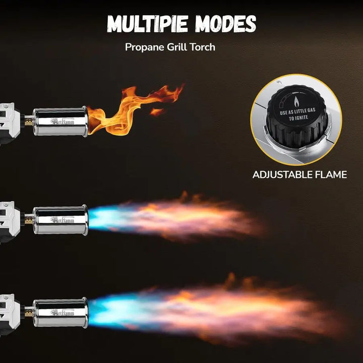 Adjustable grill torch gun showing multiple flame modes for BBQ and fire starting.