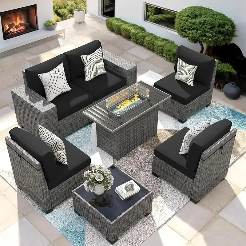 RPD4-7 Piece Patio Furniture Set Fire Pit Table. Outdoor Conversation Sets Wicker Rattan Sectional Sofa with Coffee TSZ