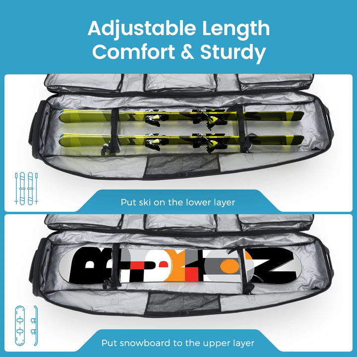 Pink/Black Skiing Bag with Rolling Wheel Padded Polyester Waterproof Portable Board Bag 3 Separation Storage Winter Snow Travels