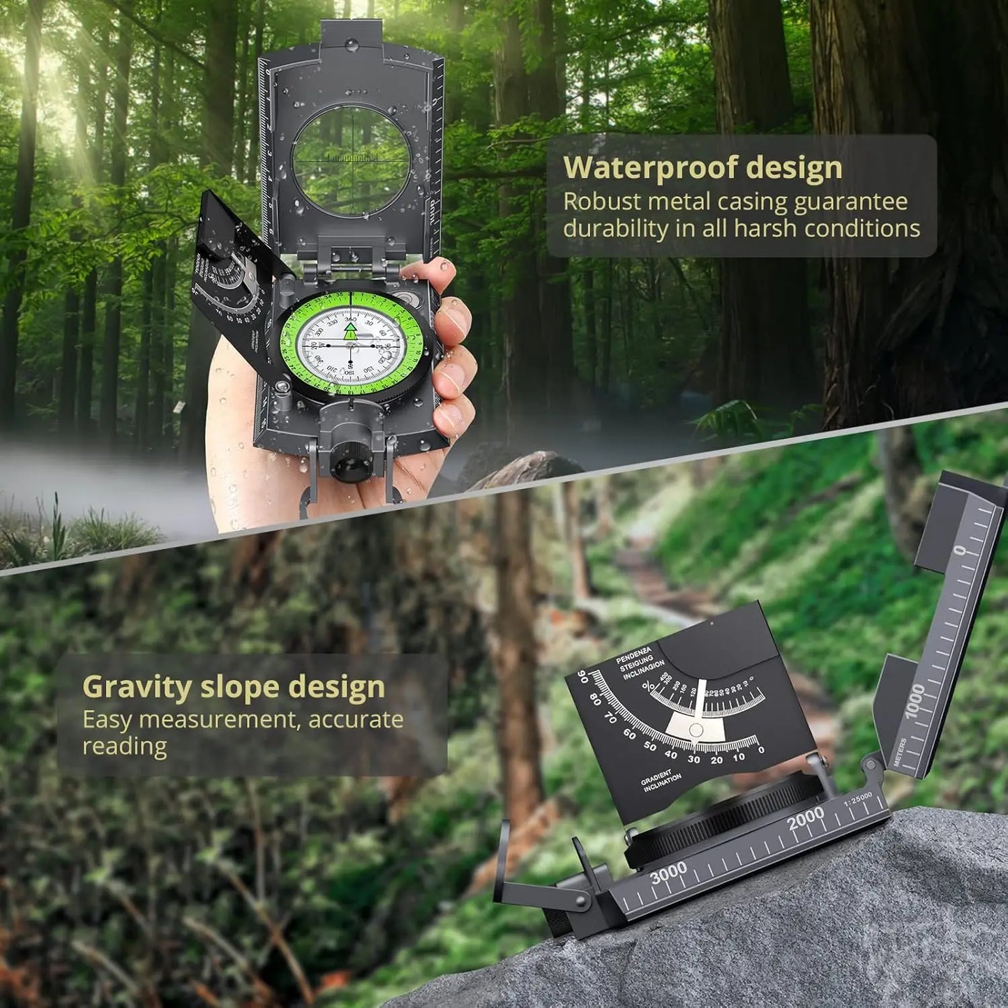 Anbte Compass Hiking,Waterproof Metal Compass with Clinometer,Lightweight,for Camping,Hunting,Hiking Navigation.